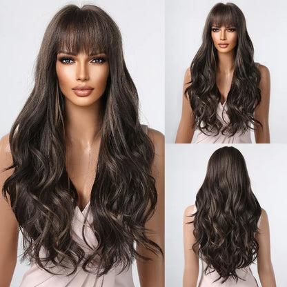 Brown Wavy Long Wig with Bangs – Heat Resistant Synthetic Daily & Cosplay Wig