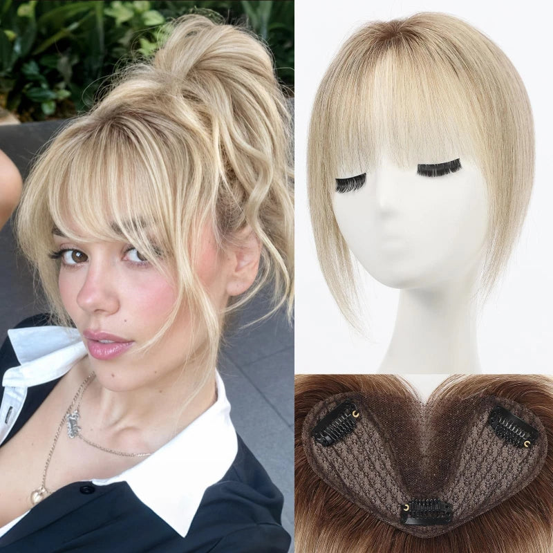 8” Remy Human Hair Topper with Air Bangs – Hand-Tied Lace Base 3-Clip