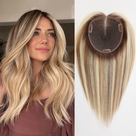 14” Blonde Mixed Brown Human Hair Topper – Swiss Silk Base, No Bangs, 60g Clip-In