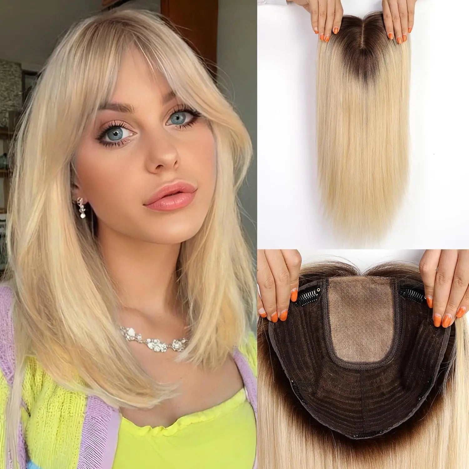 16” Full Coverage Human Hair Topper – Large 9×9 Silk Base Brown Highlights