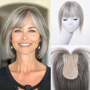 10” Human Hair Topper with Thick Bangs – 360° Clip-In Silk Base Topper for Women