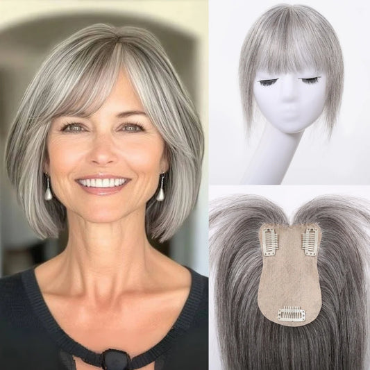 Light Grey Human Hair Topper with Thick Bangs – 360° Clip-In Silk Base Topper for Women