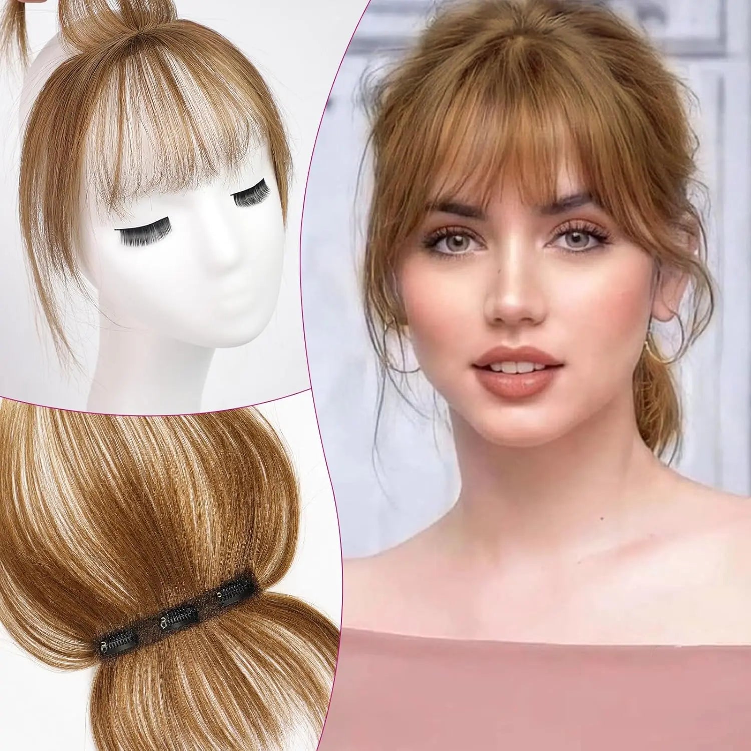 Ombre Brown to Blonde Clip-In Human Hair Bangs – Wispy Full Fringe with 3 Clips
