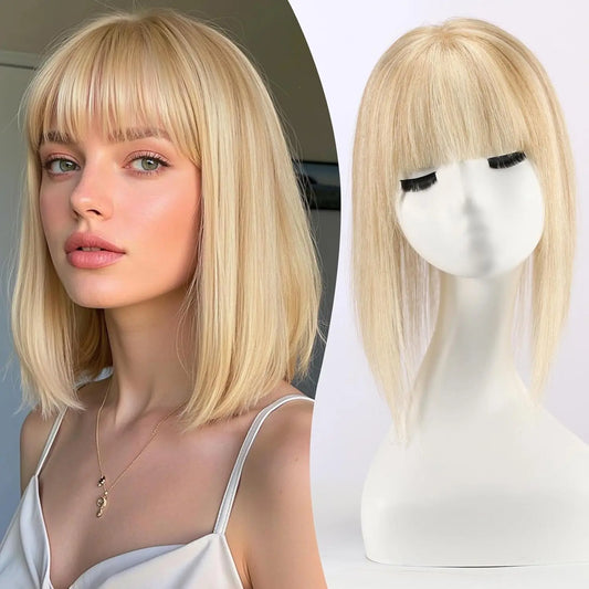 12” Mixed Blonde Human Hair Topper with Bangs – 360° Lace Base Clip-In for Women
