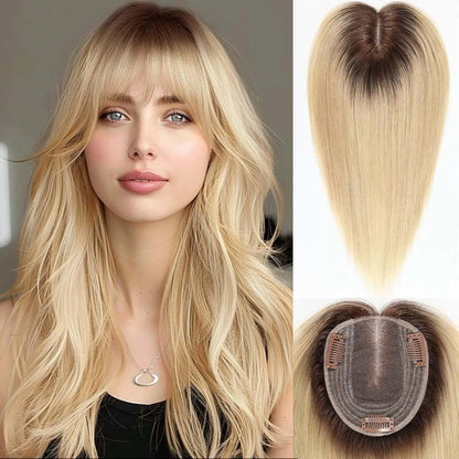 Ombre Light Brown Straight Human Hair Topper – 12” Middle Part Swiss Base