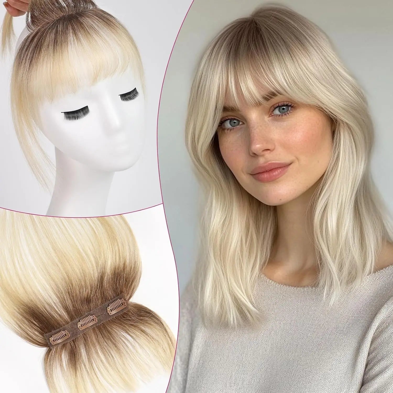 Ombre Brown to Blonde Clip-In Human Hair Bangs – Wispy Full Fringe with 3 Clips