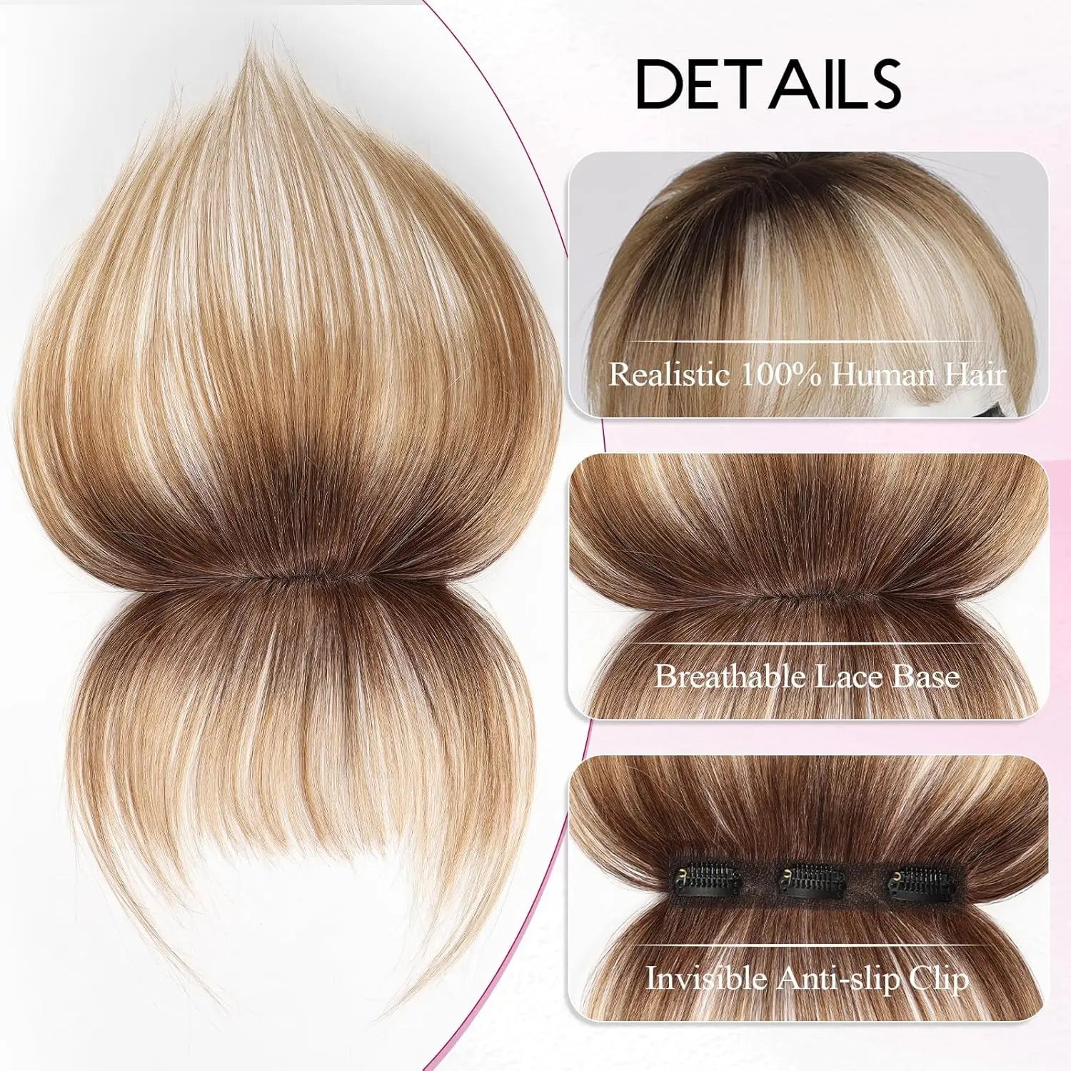 Ombre Brown to Blonde Clip-In Human Hair Bangs – Wispy Full Fringe with 3 Clips