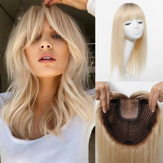 Ombre Light Blonde Human Hair Topper with Bangs – 16” Clip-In Straight Lace Base Topper