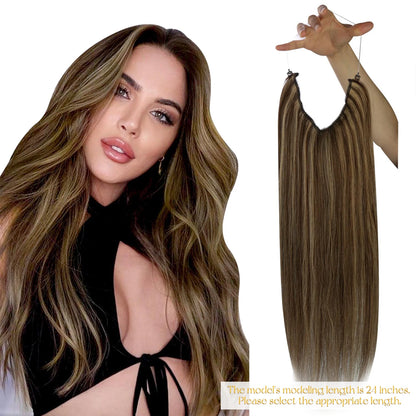 Invisible Wire Human Hair Extensions – One Piece Halo Weft with Clips (12–20”)