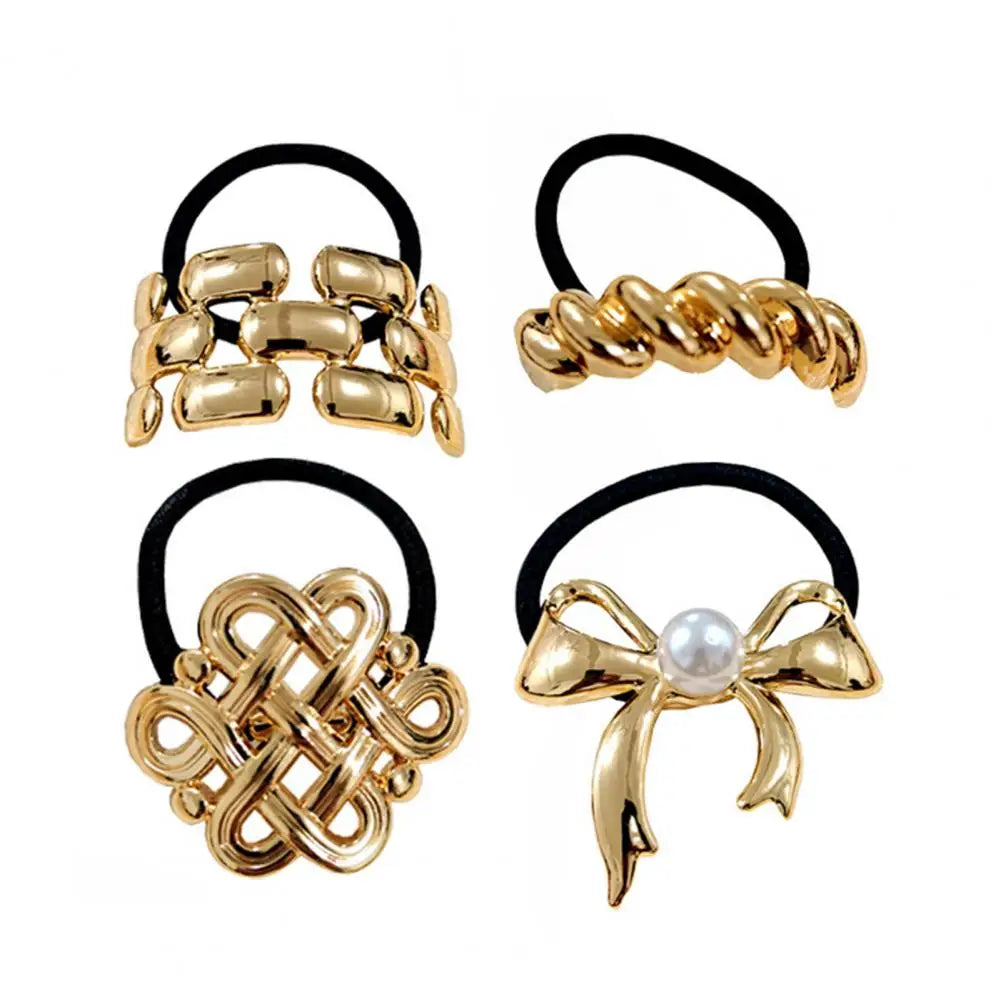 Gold Metal Hair Tie Cuff Set – 3/4-Piece High Elastic Ponytail Bands | Silkara™ Hair Accessories