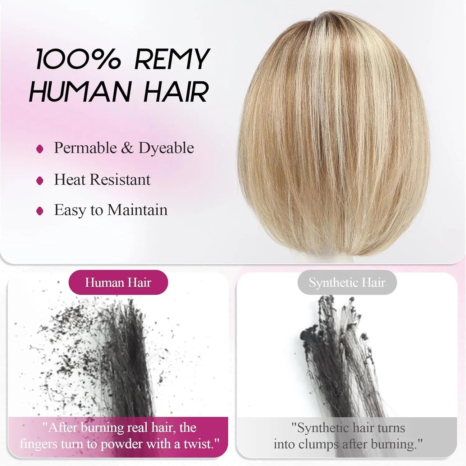 10” Short Bob Human Hair Topper with Bangs – Side Part Silk Base Clip-In