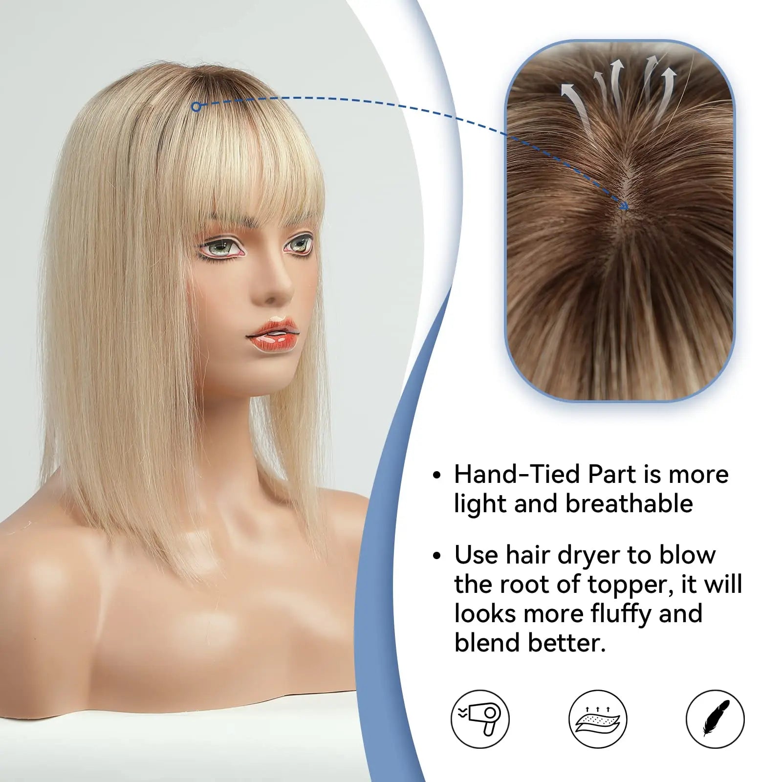 Ombre Blonde Human Hair Topper with Bangs | Remy Silk Base Clip-In Hair Topper for Volume & Hair Loss Coverage