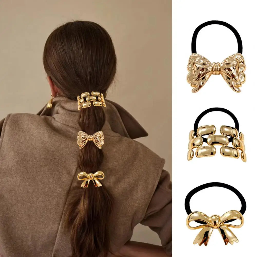 Gold Metal Hair Tie Cuff Set – 3/4-Piece High Elastic Ponytail Bands | Silkara™ Hair Accessories
