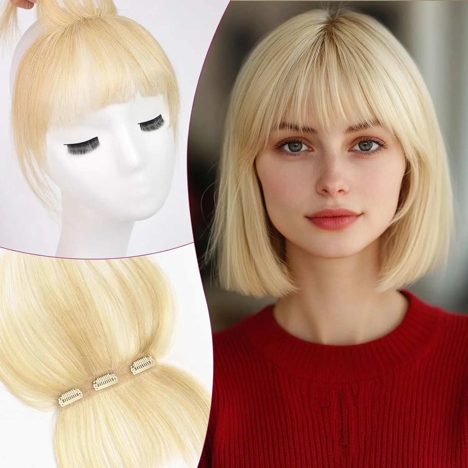 Ombre Brown to Blonde Clip-In Human Hair Bangs – Wispy Full Fringe with 3 Clips