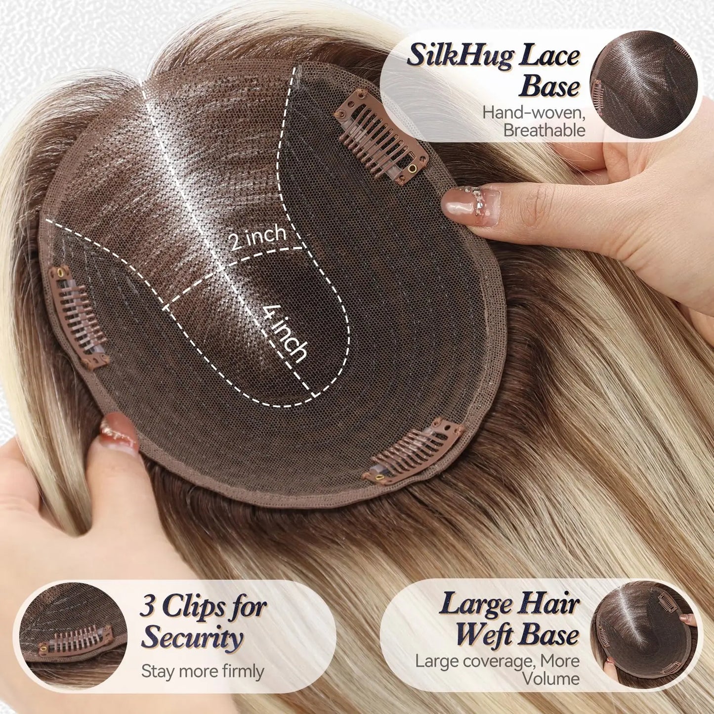14” Blonde Mixed Brown Human Hair Topper – Swiss Silk Base, No Bangs, 60g Clip-In