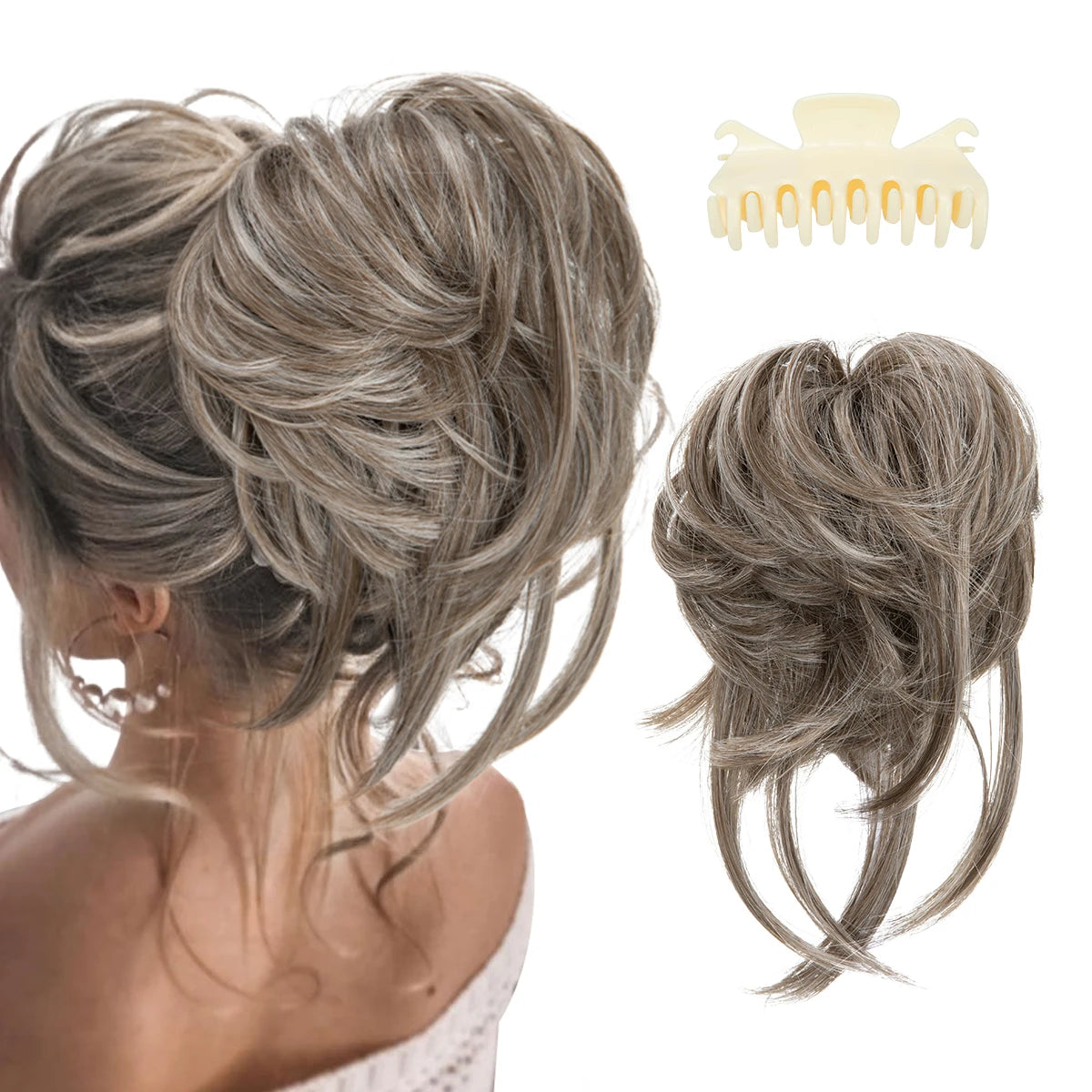 8.5-inch synthetic messy bun hairpiece in Middle Grey shade
