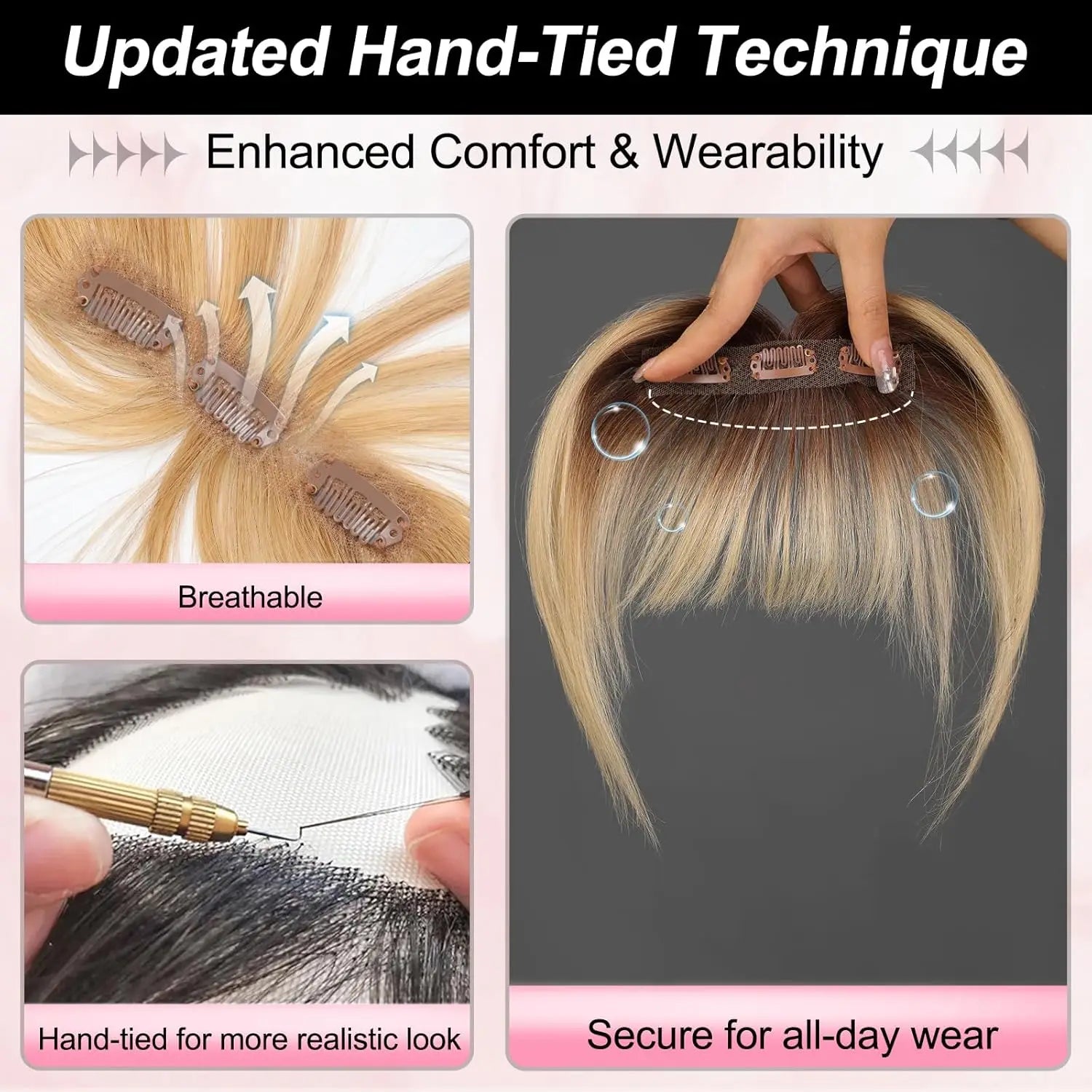 Ombre Brown to Blonde Clip-In Human Hair Bangs – Wispy Full Fringe with 3 Clips