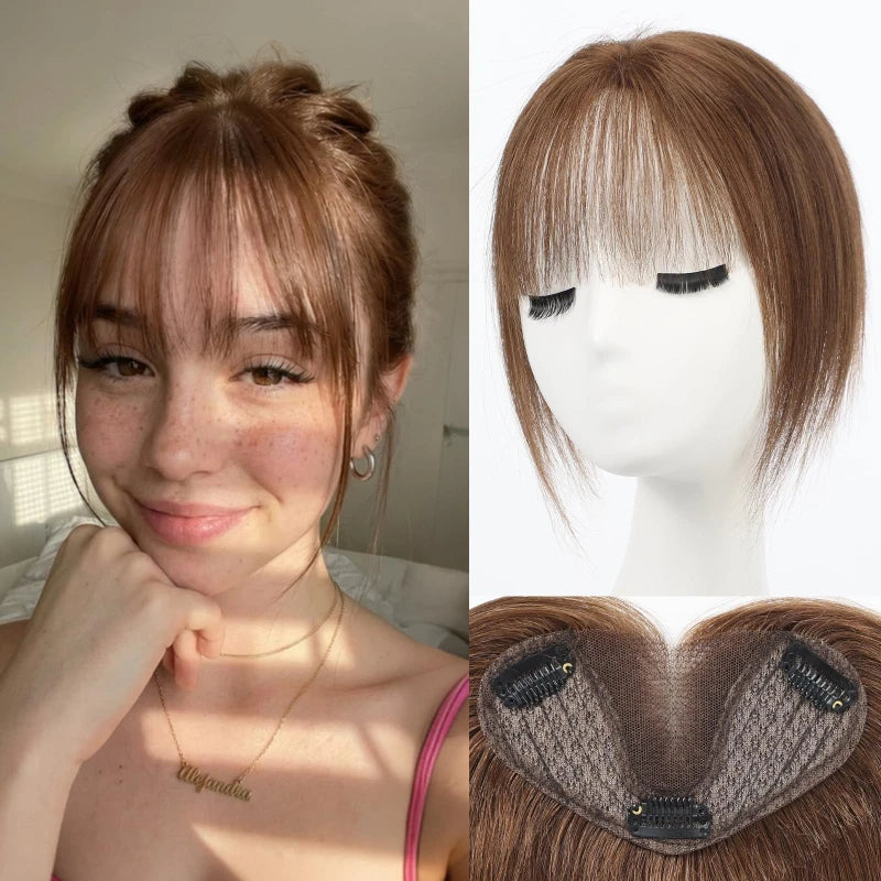 8” Remy Human Hair Topper with Air Bangs – Hand-Tied Lace Base 3-Clip