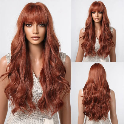 Brown Wavy Long Wig with Bangs – Heat Resistant Synthetic Daily & Cosplay Wig