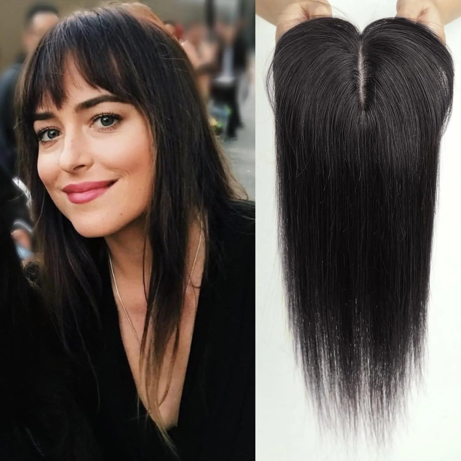 Ombre Blonde Human Hair Topper with Bangs | Remy Silk Base Clip-In Hair Topper for Volume & Hair Loss Coverage
