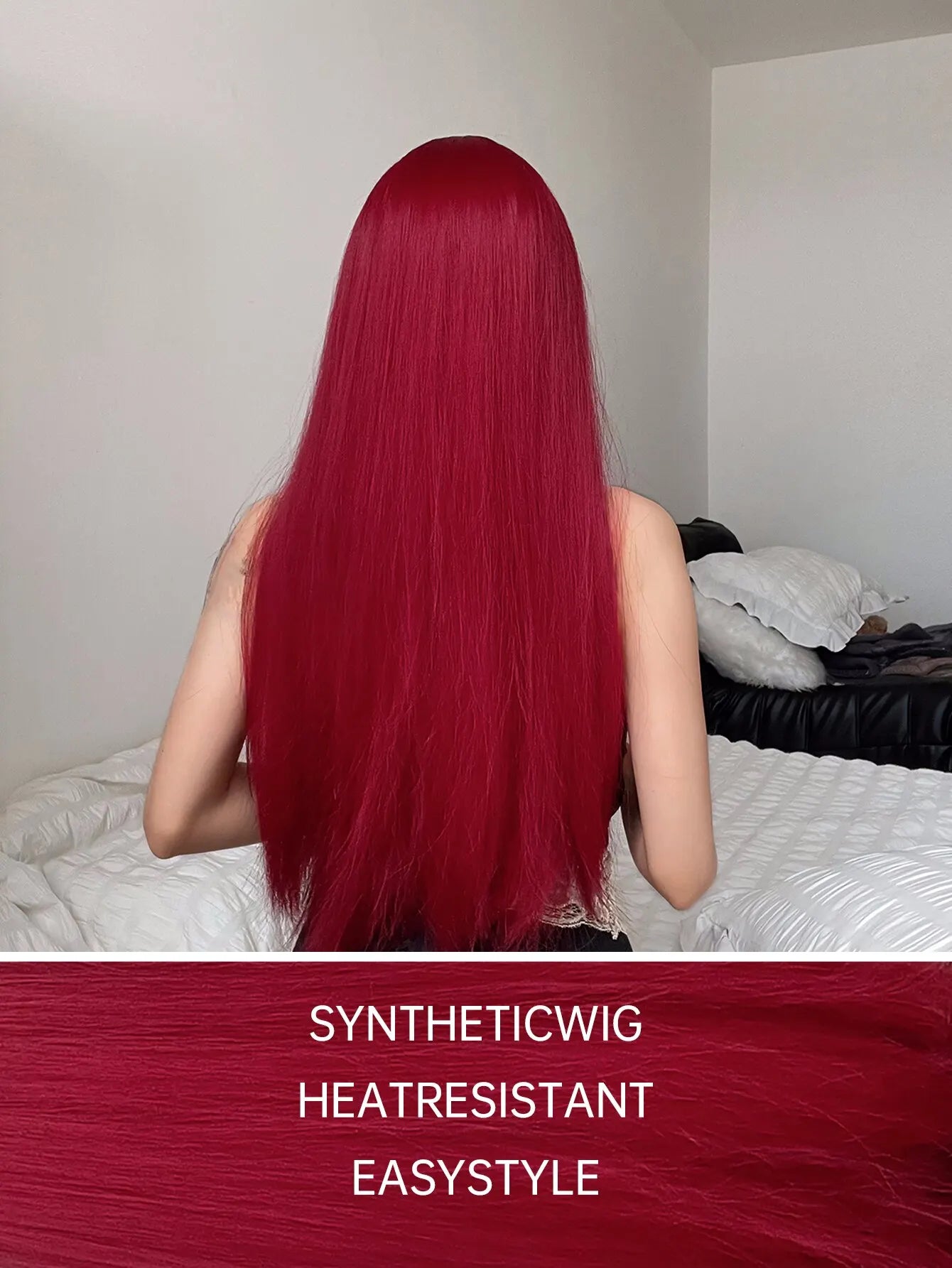 Wine Red Long Straight Wig with Bangs – Heat Resistant Synthetic Daily & Cosplay Wig
