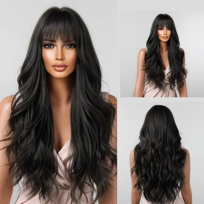 Brown Wavy Long Wig with Bangs – Heat Resistant Synthetic Daily & Cosplay Wig