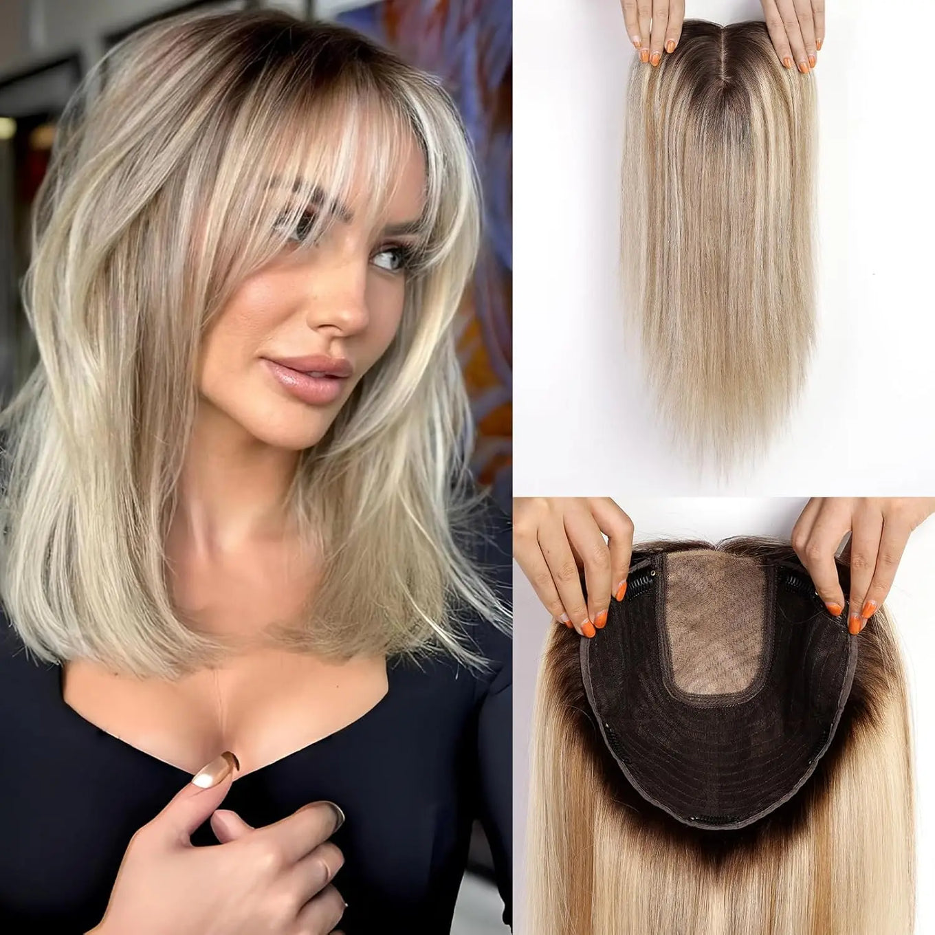 16” Full Coverage Human Hair Topper – Large 9×9 Silk Base Brown Highlights