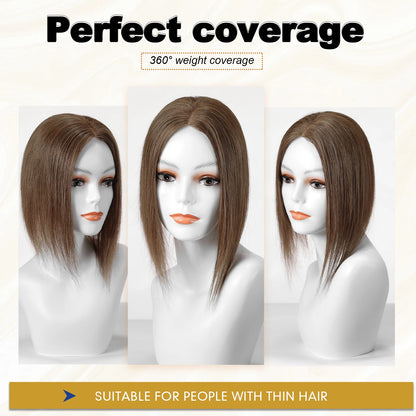 14” Brown Human Hair Topper – Straight Mono Lace Base Clip-In Hairpiece for Women