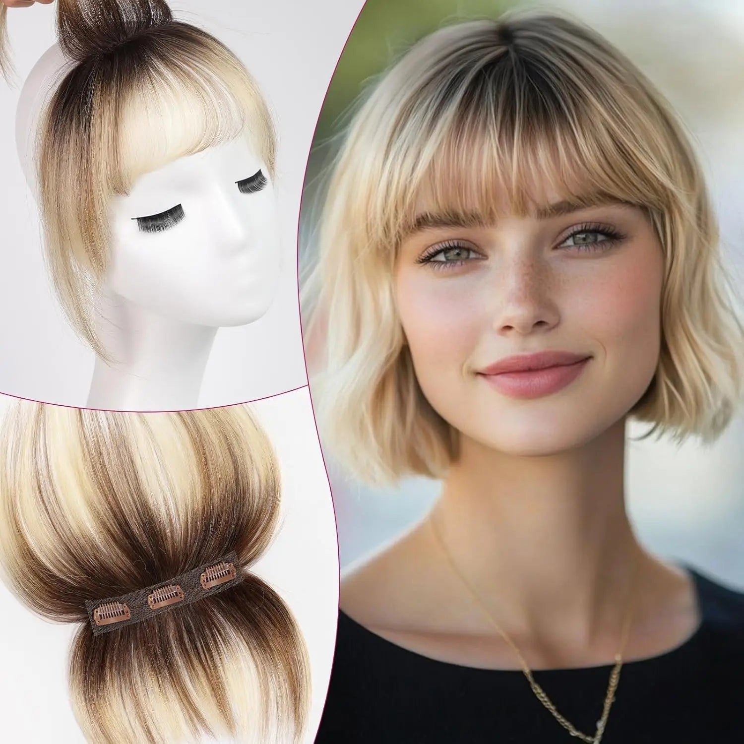 Ombre Brown to Blonde Clip-In Human Hair Bangs – Wispy Full Fringe with 3 Clips