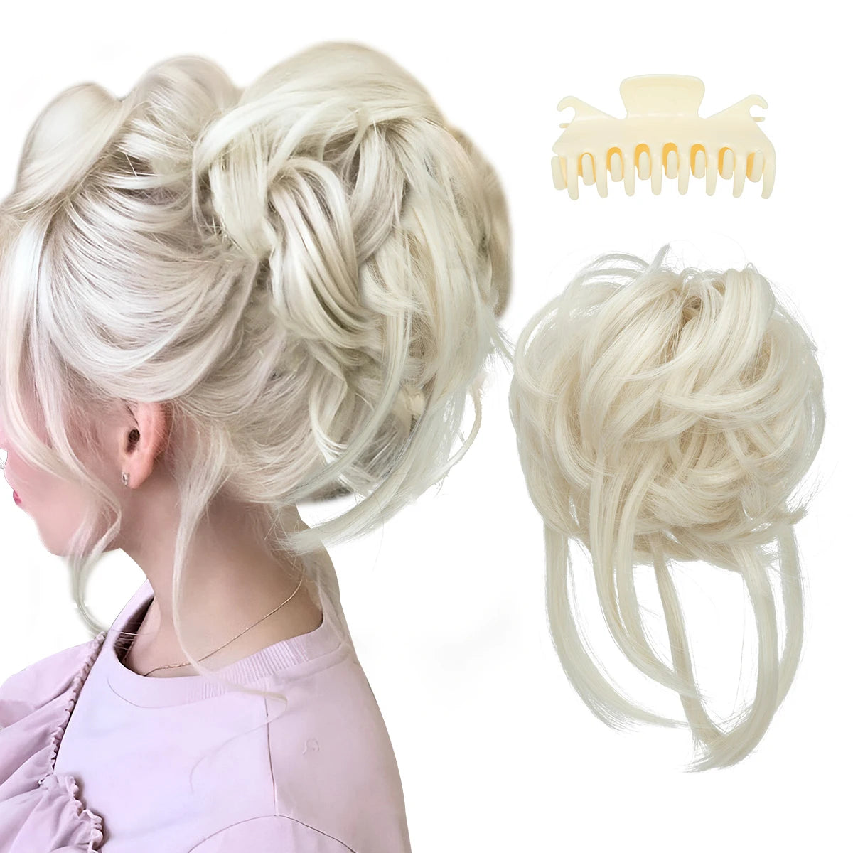 8.5-inch synthetic messy bun hairpiece in Platin Blonde shade