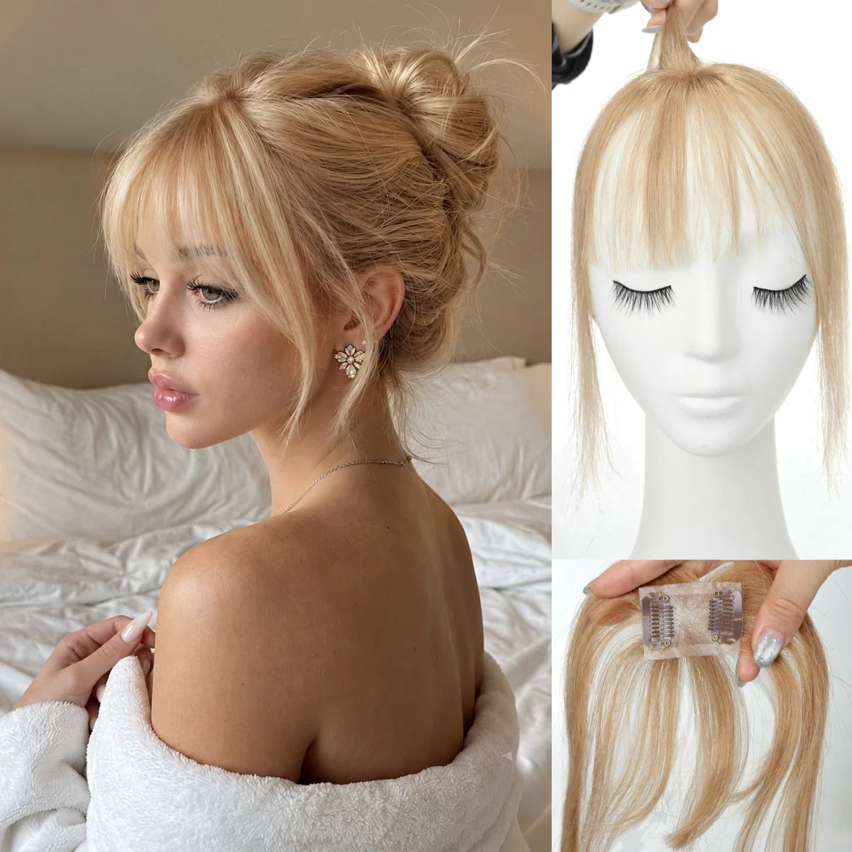 Warm champagne blonde clip-in fringe with model styling, detached hairpiece and two-clip base views