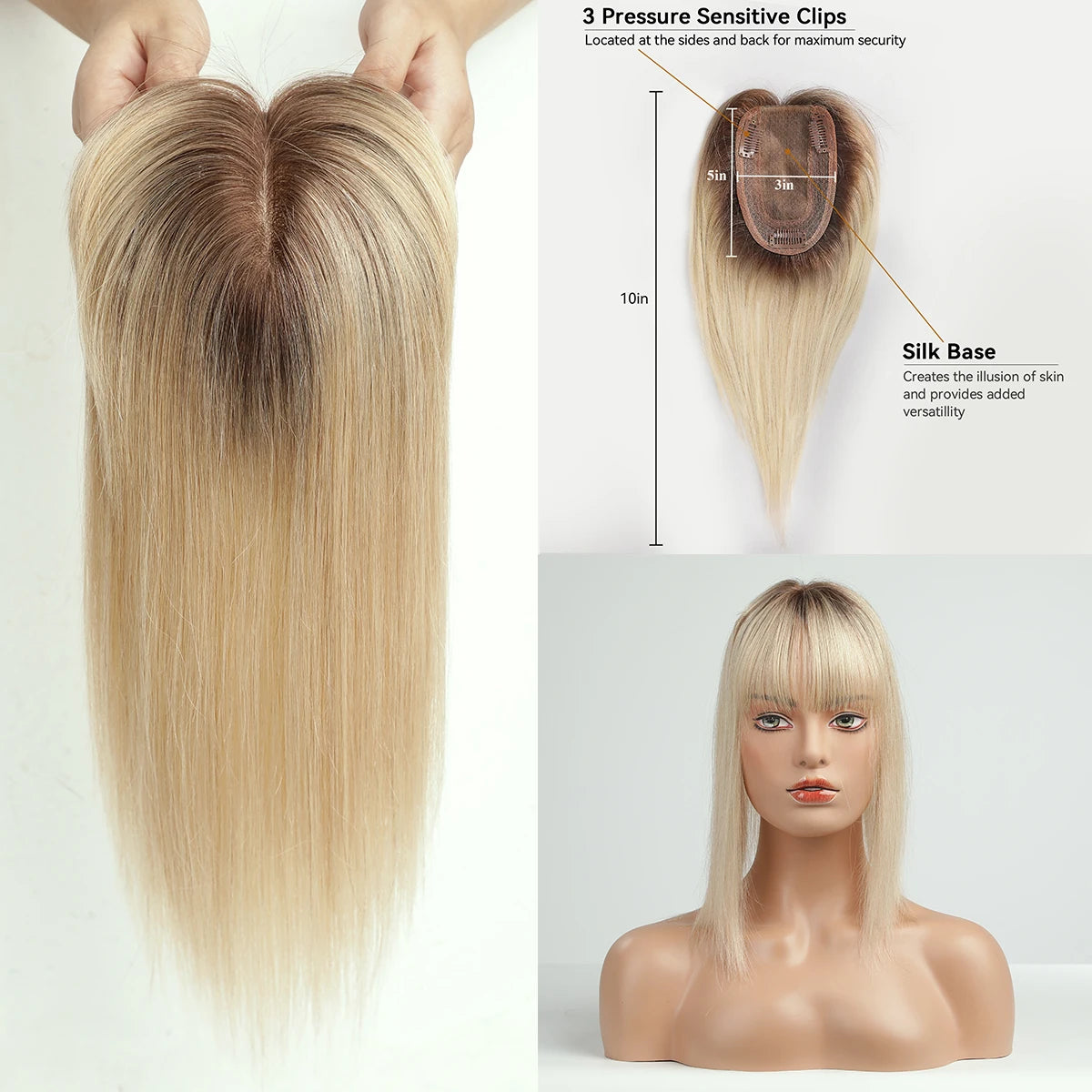 Ombre Blonde Human Hair Topper with Bangs | Remy Silk Base Clip-In Hair Topper for Volume & Hair Loss Coverage