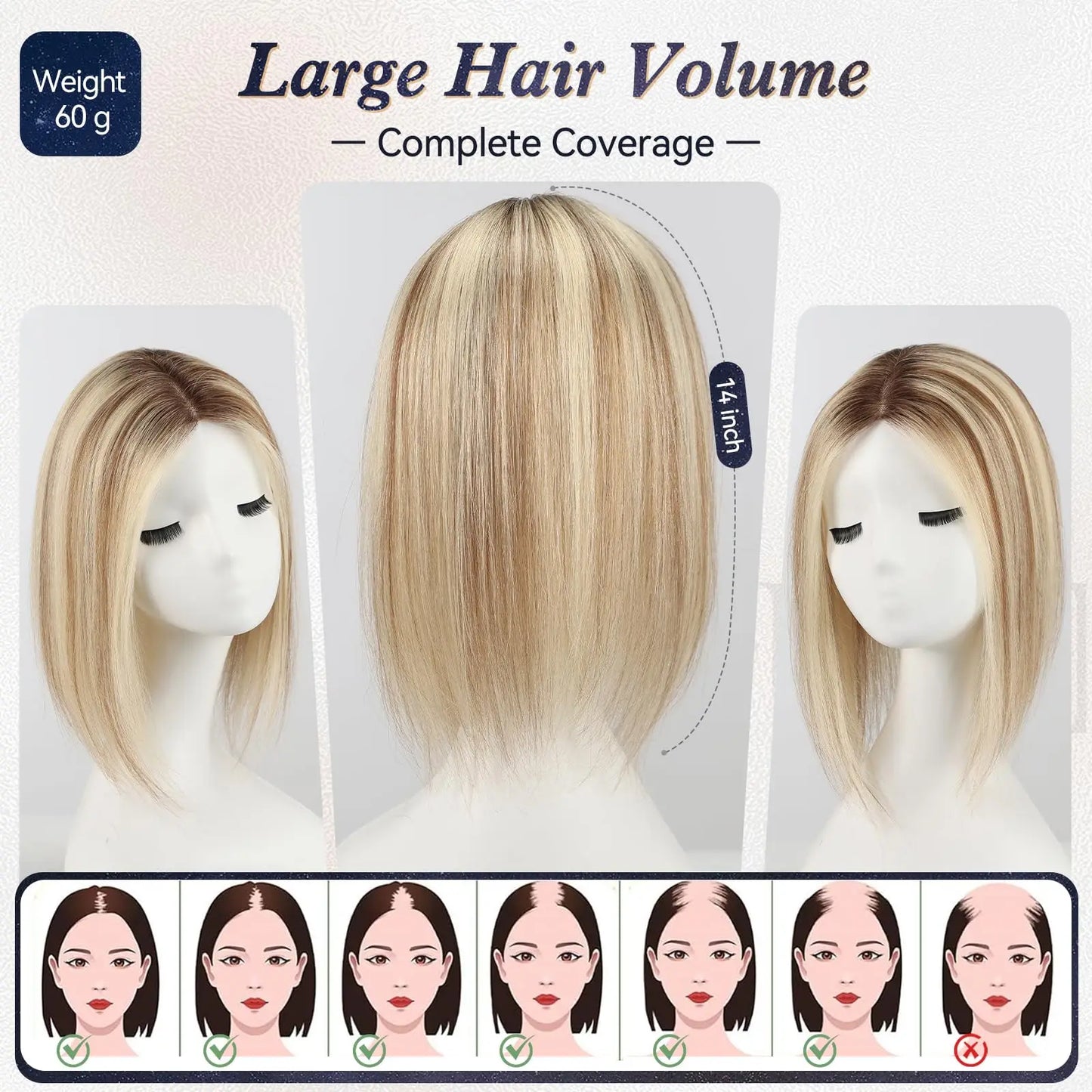 14” Blonde Mixed Brown Human Hair Topper – Swiss Silk Base, No Bangs, 60g Clip-In