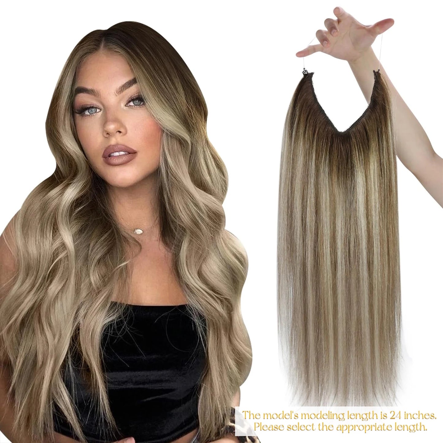 Invisible Wire Human Hair Extensions – One Piece Halo Weft with Clips (12–20”)