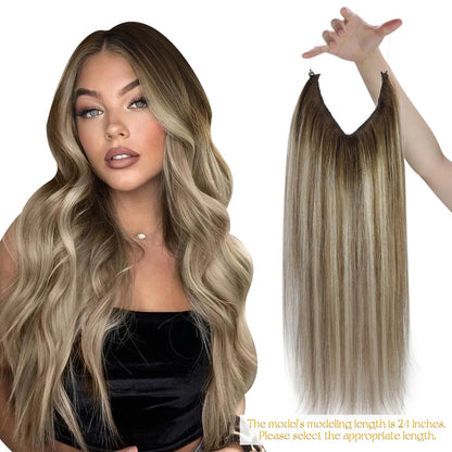 Invisible Wire Human Hair Extensions – One Piece Halo Weft with Clips (12–20”)