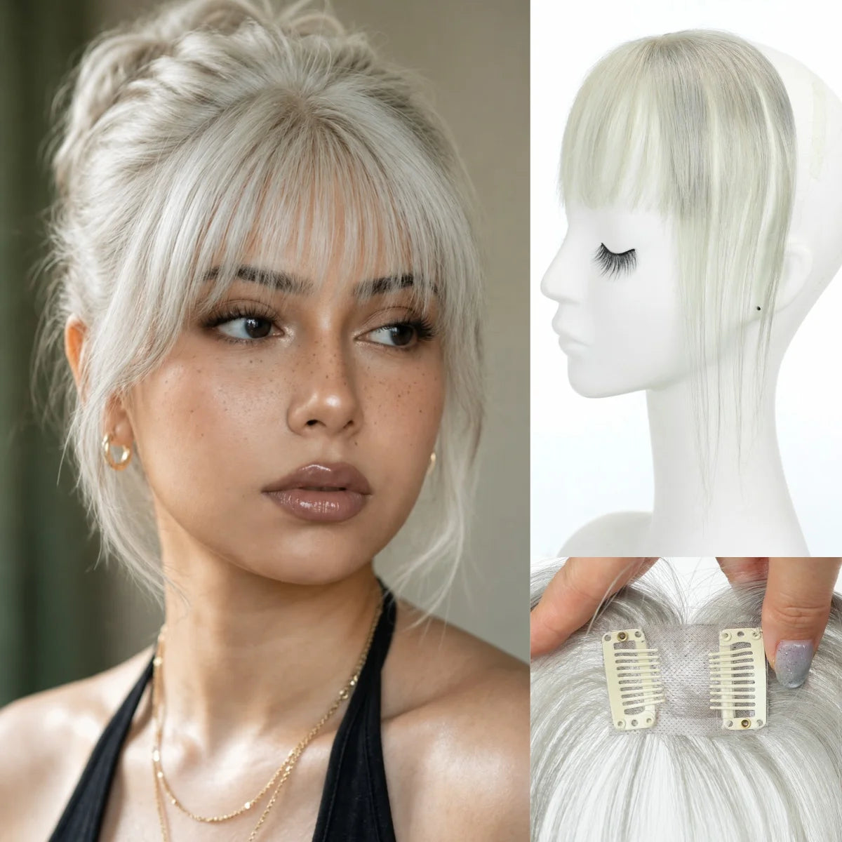 Light silver grey clip-in fringe with model styling, detached hairpiece and two-clip base views
