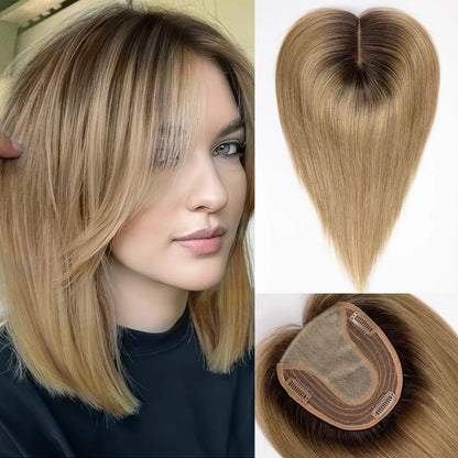 Brown Mixed Blonde Silk Base Human Hair Topper with Bangs – 14”