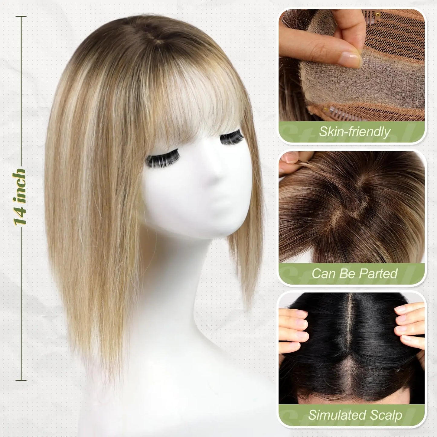 Brown Mixed Blonde Silk Base Human Hair Topper with Bangs – 14”