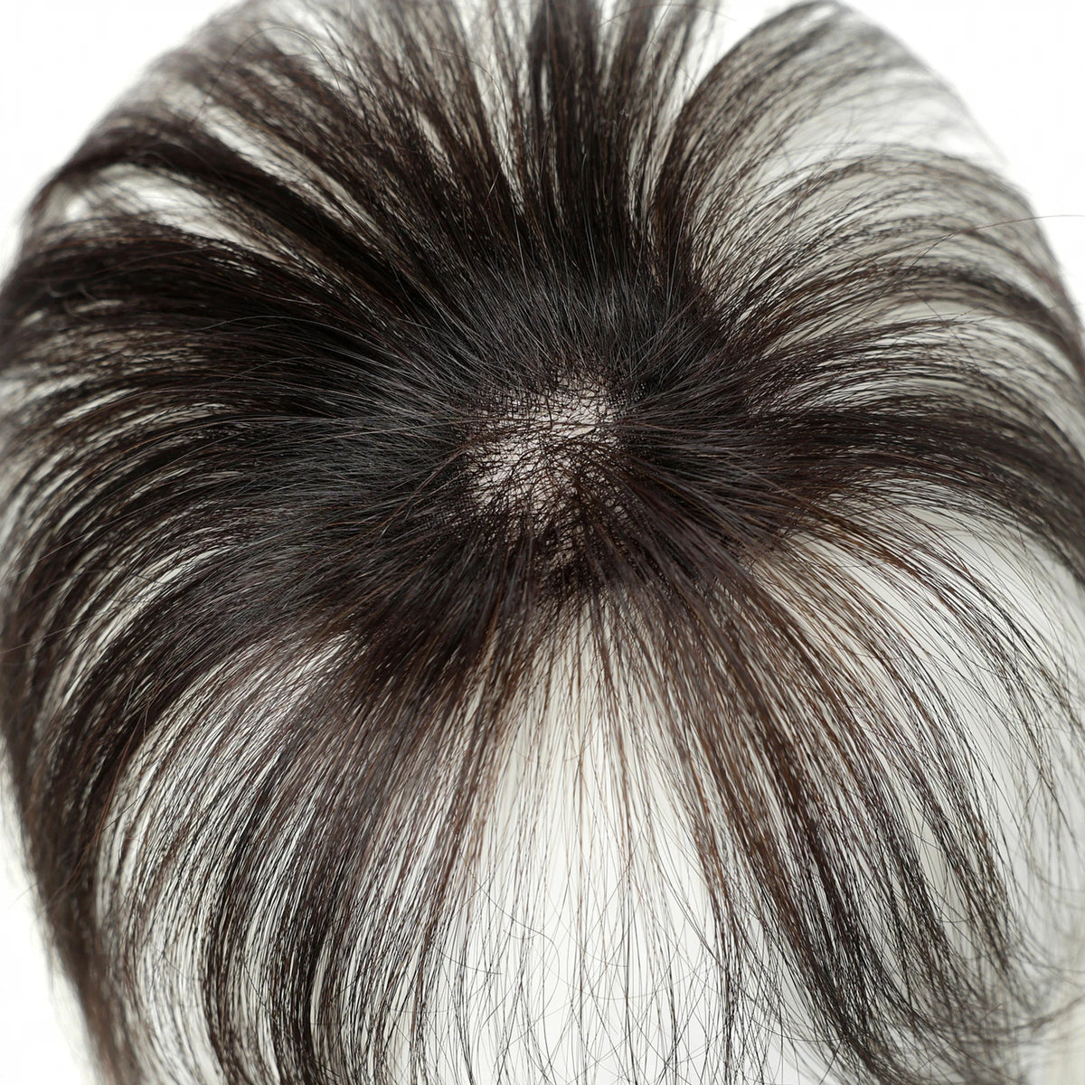 Dark chocolate brown fringe hairpiece top view showing hair parting