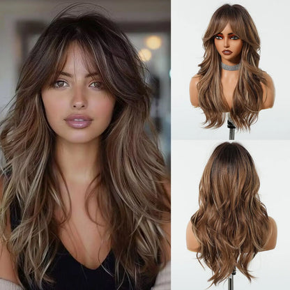 Brown Wavy Long Wig with Bangs – Heat Resistant Synthetic Daily & Cosplay Wig