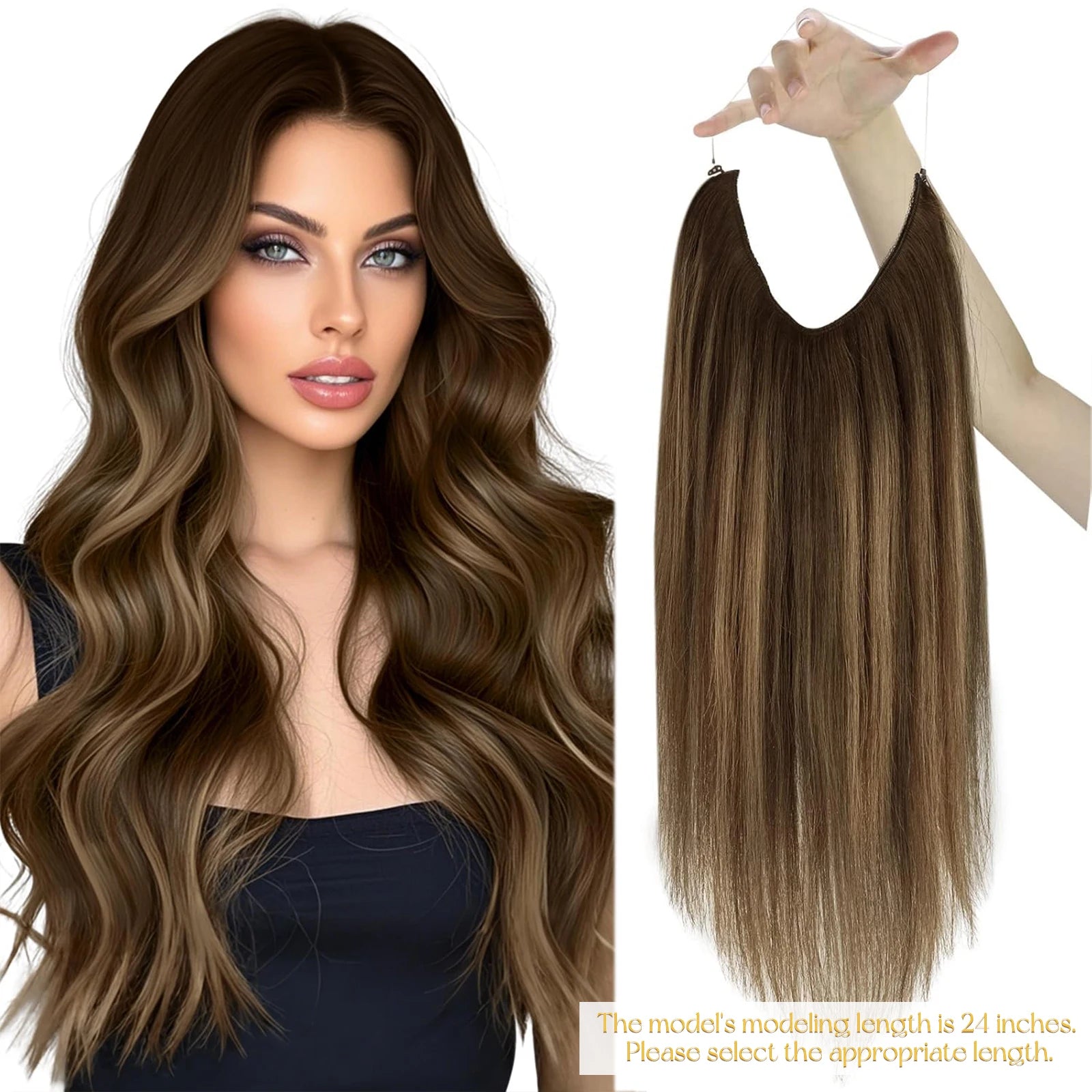Invisible Wire Human Hair Extensions – One Piece Halo Weft with Clips (12–20”)