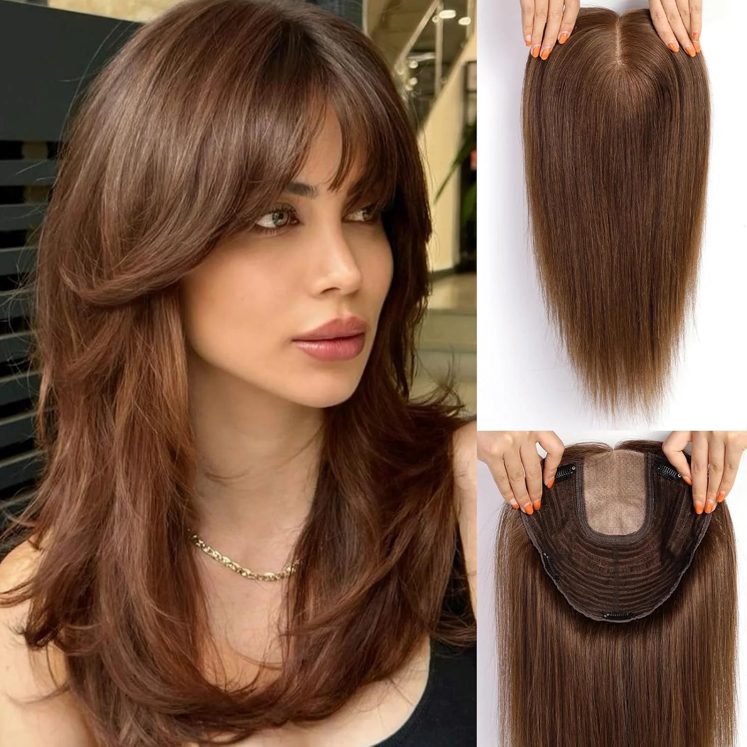 16” Full Coverage Human Hair Topper – Large 9×9 Silk Base Brown Highlights