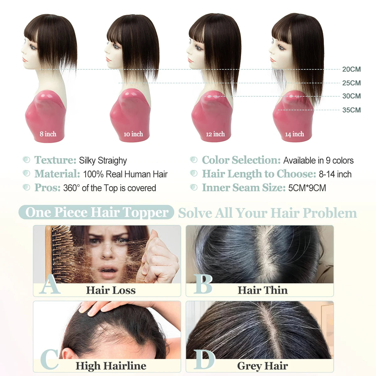 Silk Base 3D Human Hair Topper with 360° Bangs – Real Hair Volume Topper for Thinning Hair