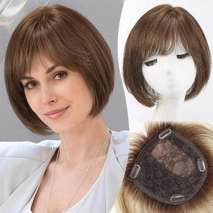 10” Short Bob Human Hair Topper with Bangs – Mixed Blonde Brown Side Part Silk Base Clip-In