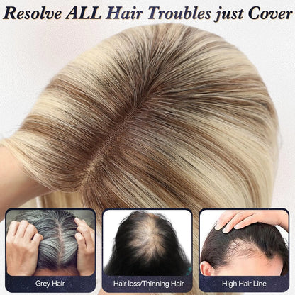 14” Blonde Mixed Brown Human Hair Topper – Swiss Silk Base, No Bangs, 60g Clip-In