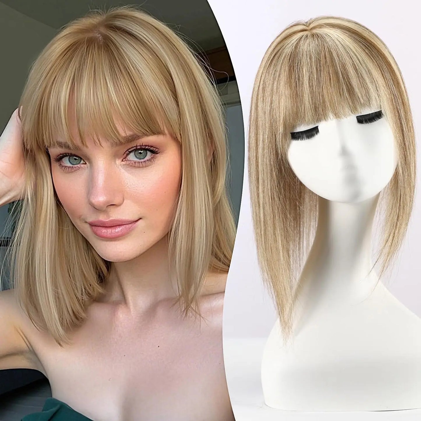 12” Mixed Blonde Human Hair Topper with Bangs – 360° Lace Base Clip-In for Women