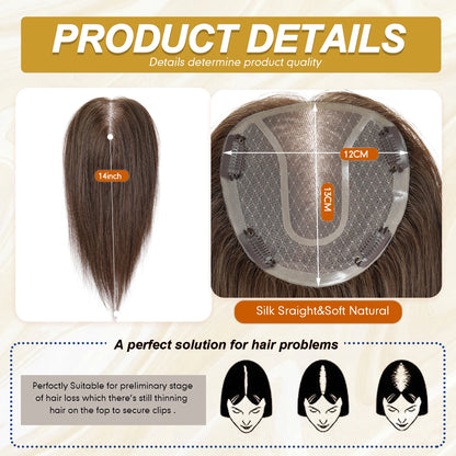 14” Brown Human Hair Topper – Straight Mono Lace Base Clip-In Hairpiece for Women