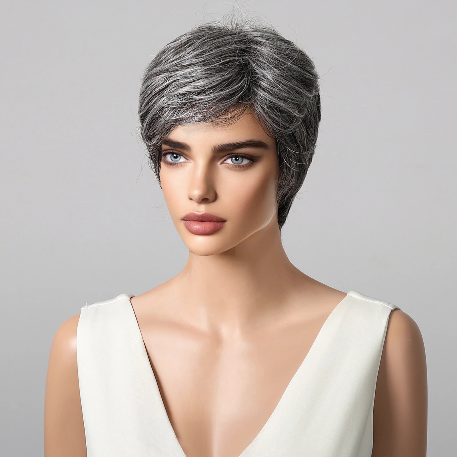 Short Pixie Cut Grey Human Hair Wig – 8” Layered Blend Wig with Bangs for Women