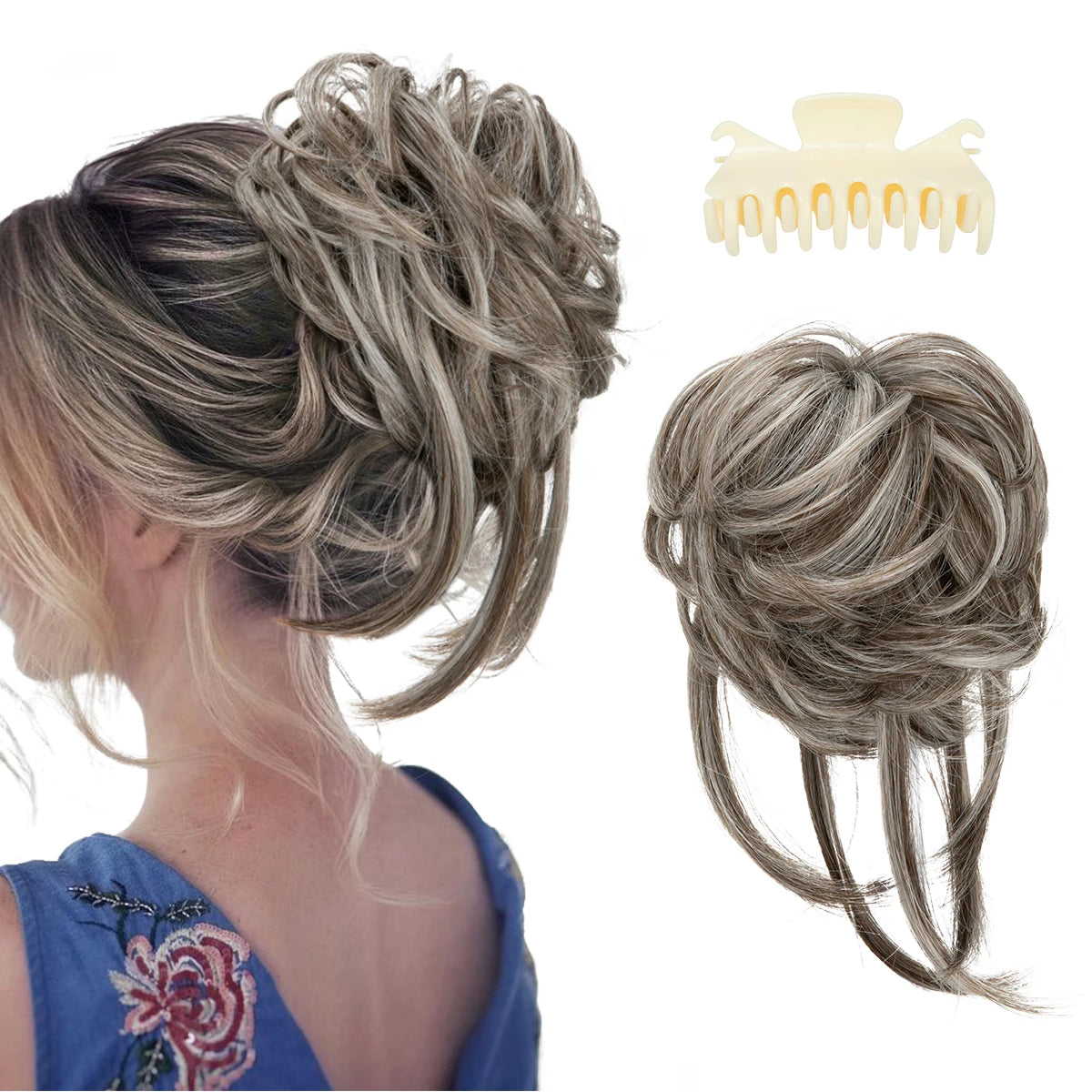 8.5-inch synthetic messy bun hairpiece in Ash Grey shade