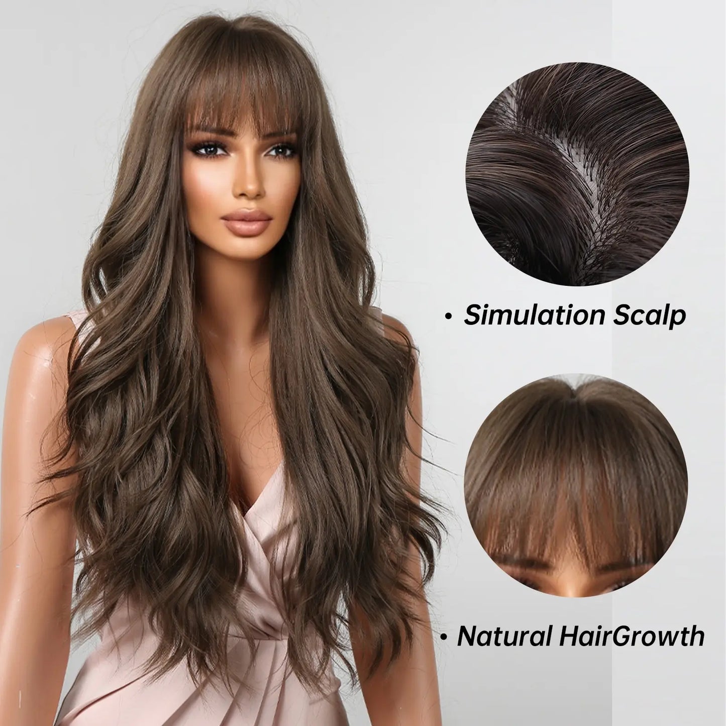 Brown Wavy Long Wig with Bangs – Heat Resistant Synthetic Daily & Cosplay Wig